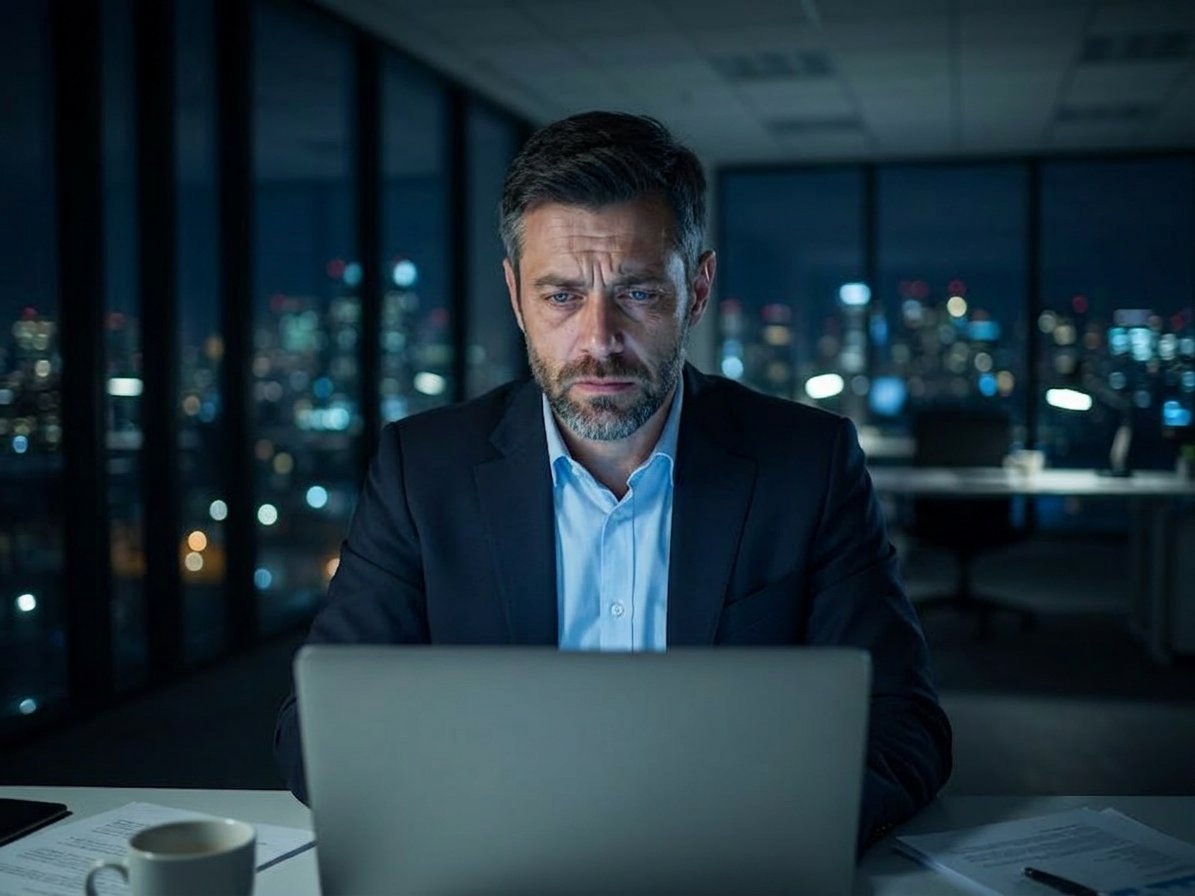 Executive working late, city lights in background